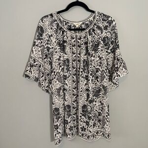 NEW Max Studio Black White Floral Print Bell Sleeve Boho Tunic Top 3X